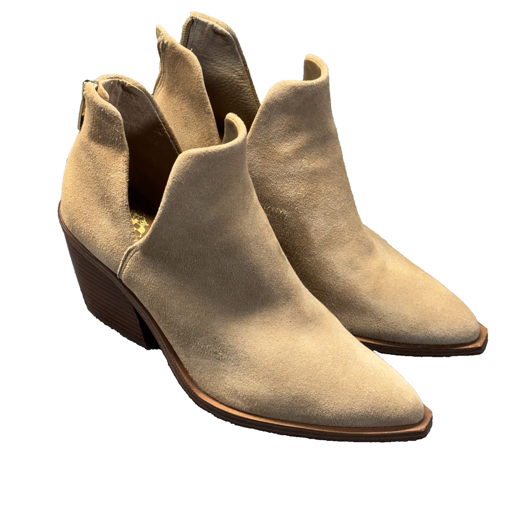 Vince Camuto Bibestie Suede Ankle Bootie Women's 7.5M Tan Cutout Block Heel